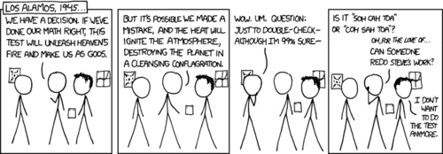 For those of you who are unaware of the Los Alamos National Laboratory (possibly due to a lack of feigned-interest in the sciences), it is a very large, multidisciplinary technology and science research center in New Mexico.
The Author is telling a joke about a man who works in Los Alamos and is also not very good at science. The man is making grandiose, possibly devastating plans when it is revealed that he does not have knowledge of the most basic trigonometry (a mnemonic for remembering the properties of a triangle). &nbsp;
In humor, this device is called &ldquo;absurdism&rdquo; and can sometimes make people laugh.&nbsp;