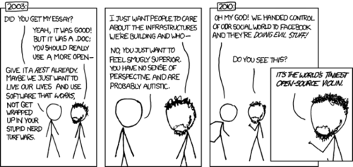 Today&rsquo;s comic is attempting to make a political statement about the superiority of using open source software and technology. It uses a narrative involving two stick figures to make a comparison between the turn-of-the-century debates over an open document format,&nbsp;and the current debates&nbsp;and concern over the closed nature of Facebook.&nbsp;
The disheveled, open-source loving stick figure is shown in 2003 suggesting to a colleague that he use an open document format, rather than the proprietary format of Microsoft Word. The &ldquo;strait-man&rdquo; quickly interrupts him with one of the counter-arguments to an open format - a suggestion that any debates over format&nbsp;are for &ldquo;nerds&rdquo; and ultimately&nbsp;hurt the everyday user&rsquo;s productivity. As a retort, the Richard Stallman&nbsp;fan begins an argument about good infrastructure, hoping to explain its importance for the future, only to be cut off with claims that he is autistic (a reasonable claim, as he isn&rsquo;t making eye-contact at the time).&nbsp;
Fast-forward to modern-day, and the strait-man is now (literally) running to the open-source loving &ldquo;nerd,&rdquo; in a panic over the recent &ldquo;news&rdquo; that Facebook may be using the data that their users give to them to generate profits. The bearded man then makes a joke that combines a clich&eacute; (world&rsquo;s smallest violin) with geek culture.
The hidden joke in this punchline is that the strait-man actually has no reason to panic, as the hysteria over Facebook&rsquo;s &ldquo;evil&rdquo; behavior was caused by the bearded man himself! The bearded man was able to fool the strait-man by regularly placing irrational fears about Facebook in his head over the course of the last three years. Fears such as: &ldquo;if you click that button, it will tell people you did so!&rdquo; and &ldquo;when you put information about yourself online, it is possible for people and companies to see that information - but that is only bad in the case of Facebook.&rdquo;
This comic strip was made to elicit desk-shakingly violent nods of approval from the audience, who will primarily agree with this anti-corporate sentiment. It is meant to give a small self-esteem boost to those who, due to reading&nbsp;Chomsky and dystopian cyberpunk novels,&nbsp;automatically support open alternatives to any service, project or piece of software - alternatives that inevitably fail to gain any traction due to their poor design, lack of direction or needless complexity.