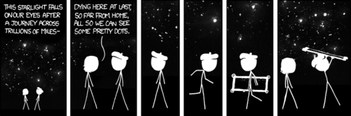 A man and a female enjoy the night&rsquo;s stars together. They discuss a scientific fact about starlight, then the man then fetches a mirror and holds it up above him. He did this because he naively believes that the light of the stars will bounce back to their homes, which would make him feel less guilty about being alive.
Later she will probably talk about astronomy while he does oral sex on her.