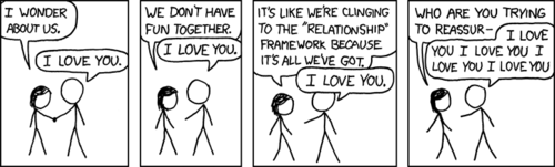 A heterosexual couple is talking as they walk hand-in-hand on the state of their relationship. While the female continues to ask questions suggesting she feels their relationship has stagnated and is now decaying, the male simply repeats &ldquo;I love you&rdquo; as a reply to every statement. In the final panel, he begins to drown out her concerns by saying &ldquo;I love you&rdquo; over and over again.
This comic is most likely dark humor reflecting on a persistent theme in XKCD: insecurity of men within classic heterosexual relationships, particularly from the perspective of a woman seeming to &ldquo;require more&rdquo; than the man knows how or is prepared to give.