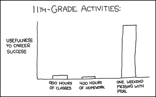The author has created another graph-based comic strip.&nbsp;This one appears to be a bar graph comparing categories of 11th grade activities with their usefulness to career success. &nbsp;One would do well to note the complete lack of art, sports, business and socialization activities in this graph.
As with most of these comics, the underlying assumption is that the reader is an IT professional who discovered a love for programming in high school. &nbsp;The punchline here relies completely on reader identification:&nbsp;&rdquo;This comic mentioned PERL. &nbsp;I use that from time to time in my job. &nbsp;The author understands me and I can imagine being his friend.&rdquo;