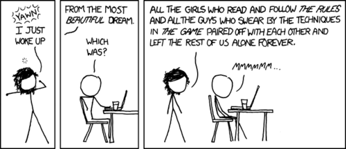 In a hypothetical dream, a female imagines a world wherein all the followers of modern dating manuals pair up and remove themselves from the dating pool.&nbsp;
Thankfully, the act of befriending the person you desire and slowly chipping away at their defenses through endless compassion and favors, hoping to one day make sex to them would still be allowed.