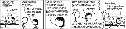 The male in this strip is a geek so he has&nbsp;Asperger syndrome, this is not a surprise. The surprise is that the female has&nbsp;Asperger syndrome as well.
This causes a conflict since neither party is willing to initiate a social interaction with the other, even though they are mutually attracted.
Note: The author has&nbsp;Asperger syndrome.