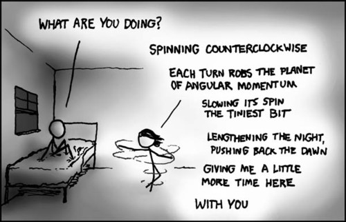 There is a male, sitting awkwardly on a single size bed. There is a female, who appears to be spinning in circles on the floor next to the bed. The male asks the female what she is doing. She explains that she is spinning counterclockwise to counteract the earth&rsquo;s clockwise rotational force (southern hemisphere), in order to delay the rising of the sun and thus gain more night time to spend with the male.&nbsp;One can assume that the two characters are teenaged, as the coming of the morning would not affect two adult&rsquo;s ability to see each other and, presumably, fornicate.
This comic strip is not intended to be humorous. It is meant to represent what the author believes it would be like for two people to be in love. Essentially, one partner tries fruitlessly to use science in order to gain a small amount of time with the other person.
It appears that this idealized belief has been formed by years of guessing as to what someone in love might desire, based on the hyper-emotional needs of the author.